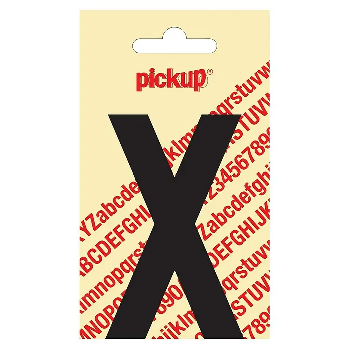 Pickup Aufkleber - Motiv: X, Schwarz, Höhe: 90 mm - Aufkleberbogen mit dem schwarzen Buchstaben "X" von Pickup, umgeben von roten Buchstaben und Zahlen auf beigem Grund.