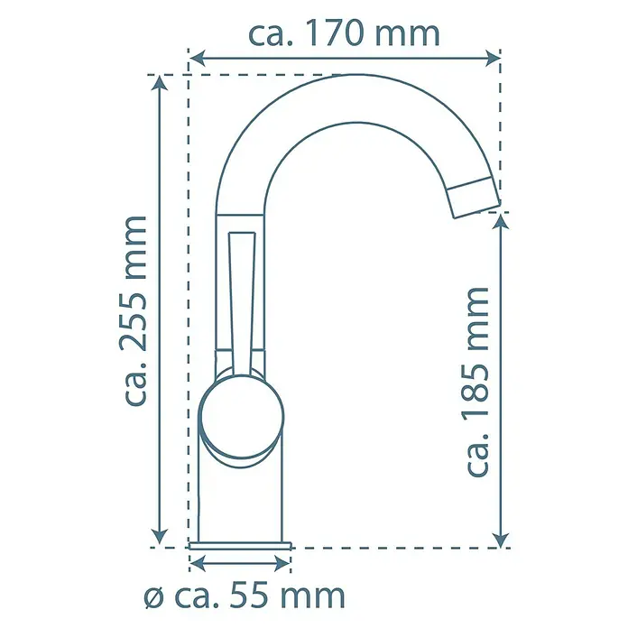 Camargue Waschtischarmatur Merida - Schwarz, Matt - Abbildung einer Küchenarmatur mit Maßangaben: ca. 170 mm Breite, ca. 255 mm Höhe, ca. 185 mm Ausladung und ca. 55 mm Durchmesser.