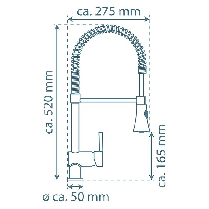 Camargue Merida Spültischarmatur - Niederdruck, Chrom, Glänzend, Brausestrahl - Abbildung einer Küchenarmatur mit flexibler Brause und den Maßangaben (Höhe 520mm, Breite 275mm, Auslaufhöhe 165mm, Durchmesser 50mm).