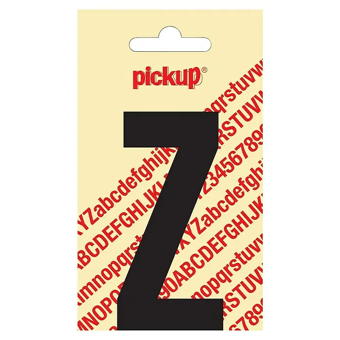 Pickup Aufkleber - Motiv: Z, Schwarz, Höhe: 90 mm - Auf dem Bild ist ein schwarzer Buchstabenaufkleber "Z" von Pickup zu sehen, verpackt auf einer beigen Karte mit roten Buchstaben und Zahlen.