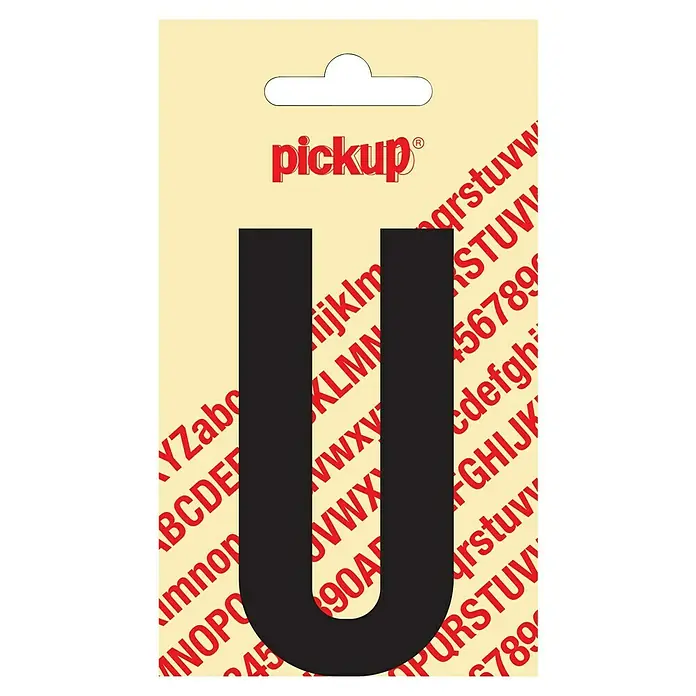 Pickup Aufkleber - Motiv: U, Schwarz, Höhe: 90 mm - Auf dem Bild ist ein Aufkleber mit dem schwarzen Buchstaben U auf einer Verpackung mit anderen Buchstaben und Zahlen im Hintergrund zu sehen.
