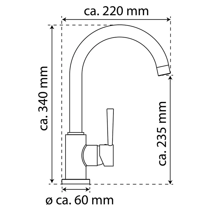 Camargue Merida Spültischarmatur - Schwenkbar, Gold, Matt - Abbildung einer Küchenarmatur mit Angabe der Maße: ca. 340 mm Höhe, ca. 220 mm Ausladung, ca. 60 mm Durchmesser Sockel und ca. 235 mm Höhe Auslauf.
