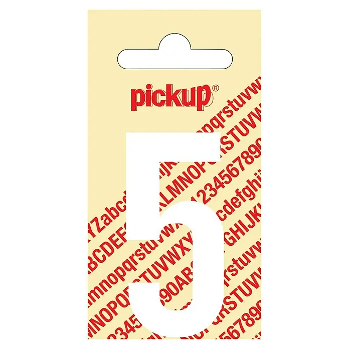 Pickup Aufkleber - Motiv: 5, Weiß, Höhe: 60 mm - Aufkleber "Pickup" mit der Zahl 5 in Weiß, ideal für Beschriftungen und Kennzeichnungen im Innenbereich.