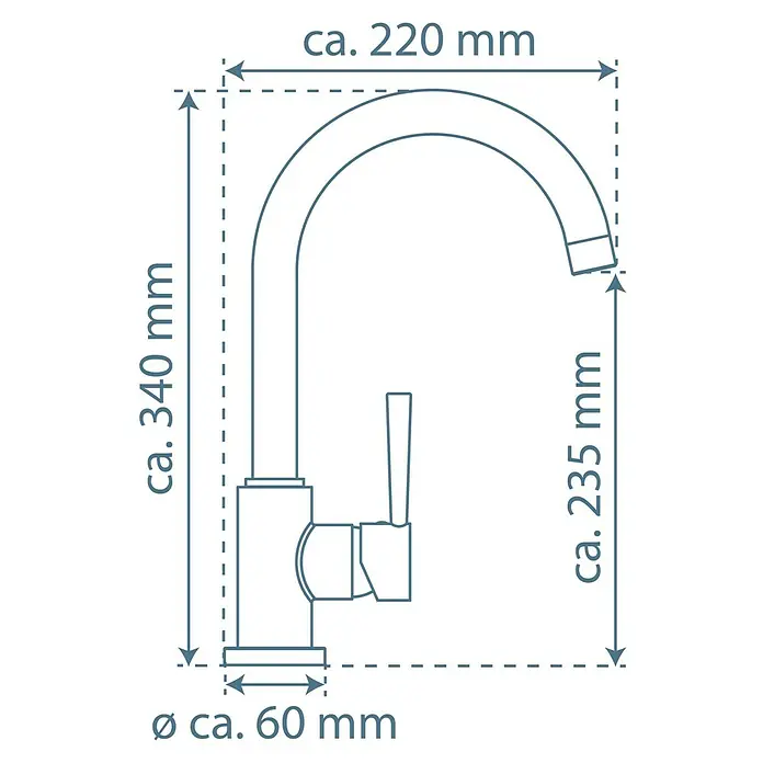 Camargue Merida Spültischarmatur - Schwenkbar, Edelstahl, Matt - Skizze einer Küchenarmatur mit den Maßen ca. 220 mm Breite, ca. 340 mm Höhe, ca. 235 mm Ausladung und ca. 60 mm Durchmesser.