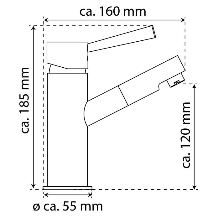 Camargue Merida Waschtischarmatur - Höhe: 18,5 cm, Edelstahloptik, Matt - Zeichnung einer Armatur mit den Maßen ca. 160 mm Breite, ca. 185 mm Höhe, ca. 120 mm Ausladung und ø ca. 55 mm Durchmesser.