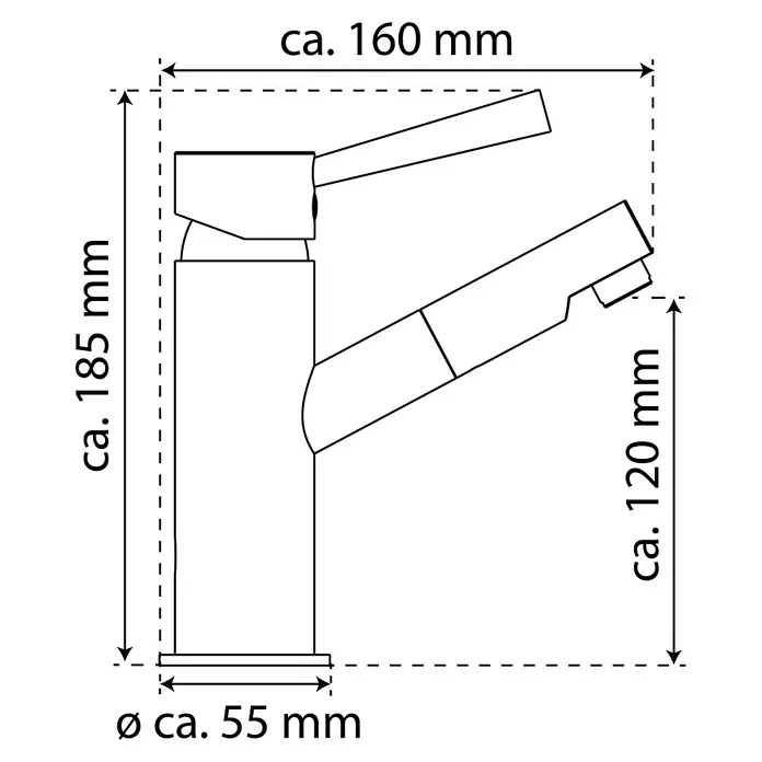 Camargue Merida Waschtischarmatur - Niederdruck, Chrom, Matt - Technische Zeichnung einer Armatur mit Maßangaben. Die Höhe beträgt ca. 185 mm, die Breite ca. 160 mm, die Tiefe ca. 120 mm.