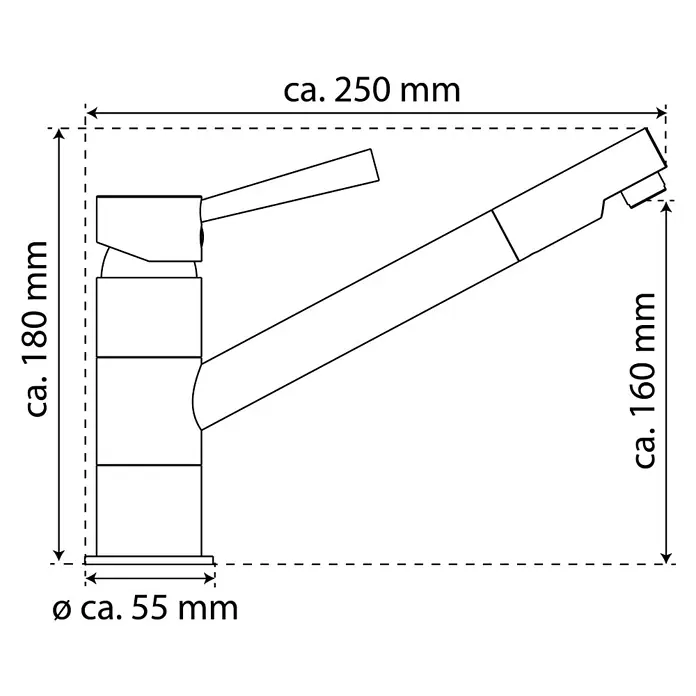 Camargue Merida Spültischarmatur - Niederdruck, Chrom, Glänzend - Technische Zeichnung einer Armatur mit Maßangaben zur Installation und Planung im Bad.