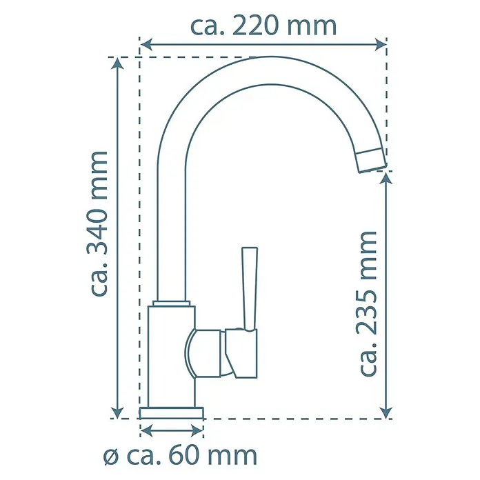 Camargue Merida Spültischarmatur - Schwenkbar, Chrom, Glänzend - Abbildung der Abmessungen eines Wasserhahns, ca. 340 mm hoch, ca. 220 mm breit und ca. 60 mm Durchmesser.