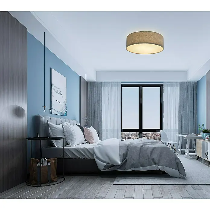 Tween Light Deckenleuchte rund Bouclé-Stoff - Taupe, E27 - Eine moderne Schlafzimmerleuchte mit rundem Lampenschirm, die sanftes Licht spendet und eine angenehme Atmosphäre erzeugt.