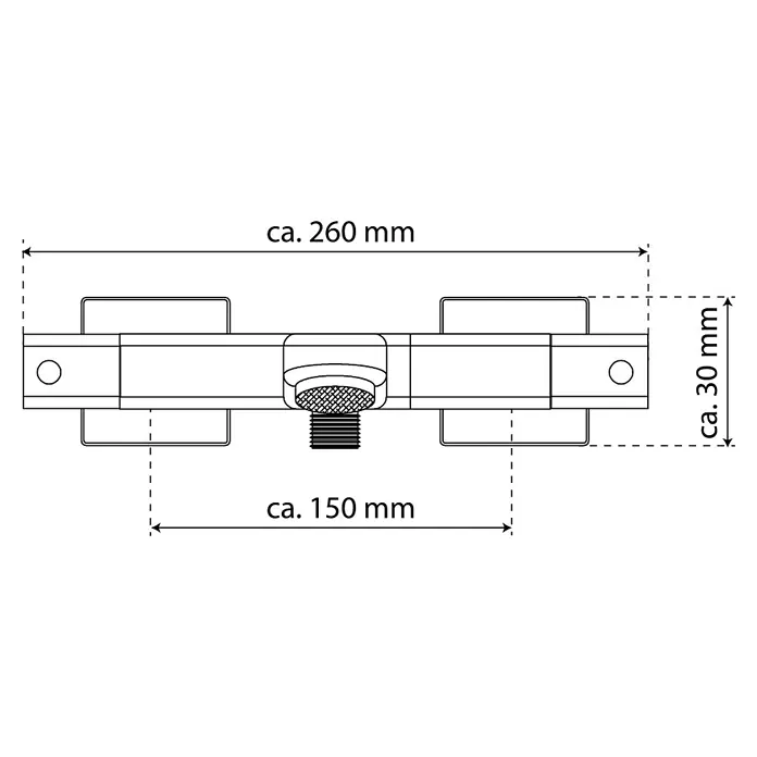 Camargue Ocean Wannenthermostat - Chrom - Abbildung einer Klemme mit den ungefähren Maßen 260 mm Länge und 30 mm Höhe, die durch eine Schraube etwa 150 mm tief fixiert wird.