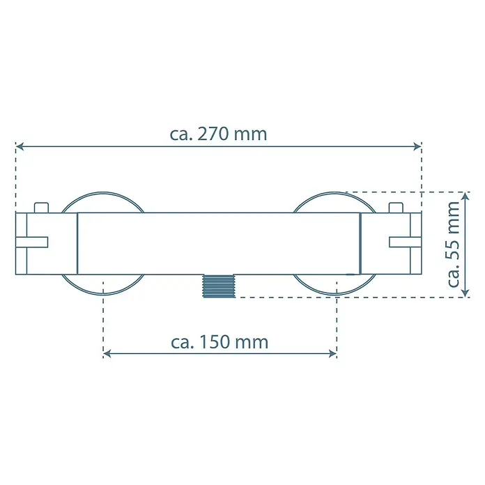 Camargue Zapo Brausethermostat - Chrom - Technische Zeichnung einer Laufrolle mit den Maßen: ca. 270 mm Länge, ca. 150 mm Achsabstand und ca. 55 mm Höhe.