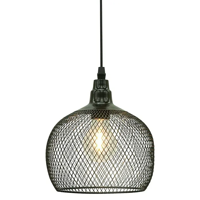 Starlux Pendelleuchte Laterne Metall - L x B x H: 18 x 18 x 21 cm, Schwarz, IP44 - Nahaufnahme einer industriellen Hängelampe mit einem dekorativen Lampenschirm aus Drahtgeflecht und einer warm leuchtenden Glühbirne.