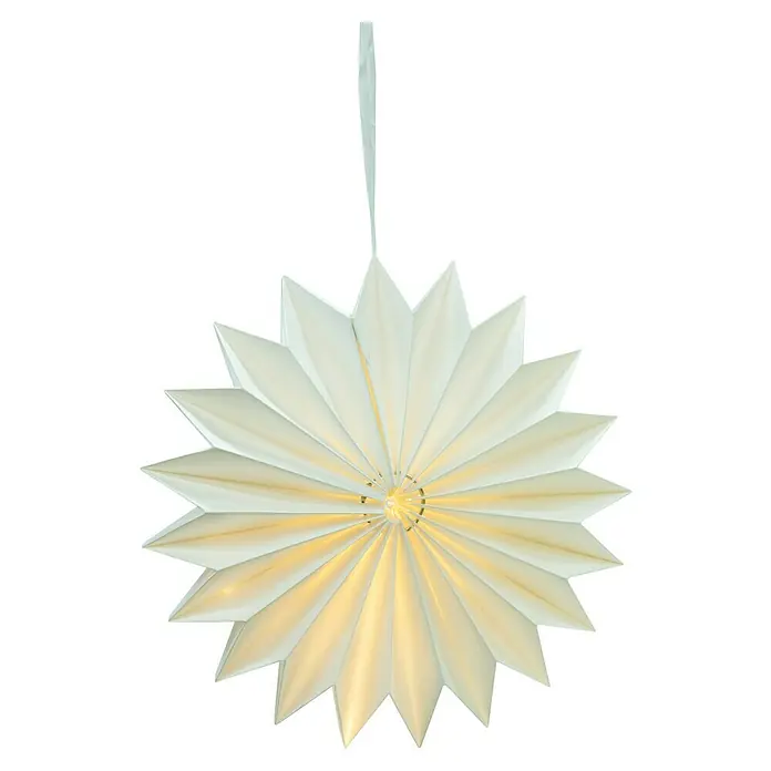 BAUHAUS Hängelampe Sonne - Durchmesser: 32 cm, Weiß, IP44 - Nahaufnahme eines weißen Papiersterns, der an einer Schnur hängt und von innen mit einem warmen Licht beleuchtet wird.
