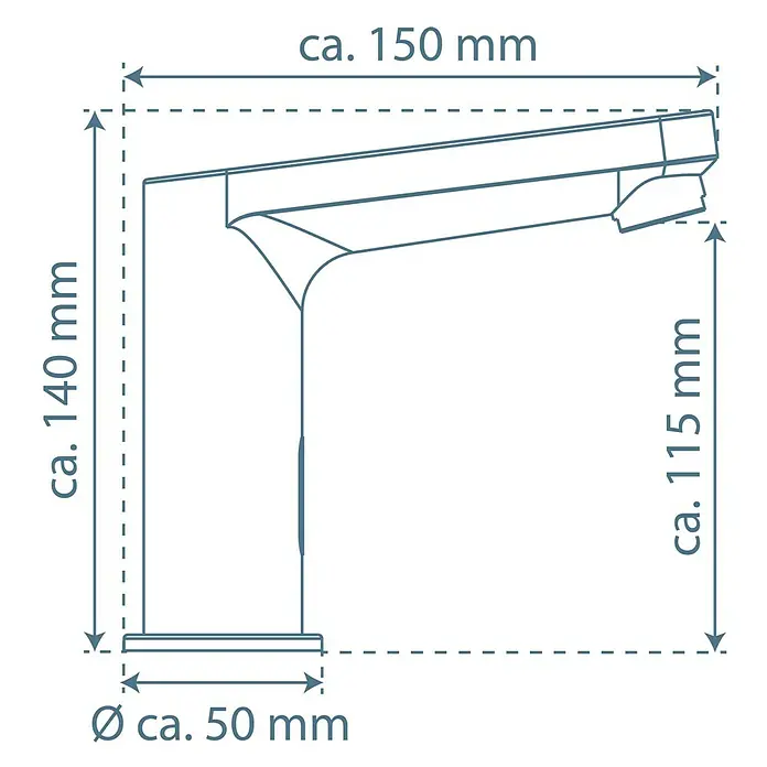 Camargue Waschtischarmatur - Chrom - Technische Zeichnung einer Armatur mit Maßen: Gesamthöhe 140mm, Ausladung 150mm, Auslaufhöhe 115mm, Basis ø 50mm.