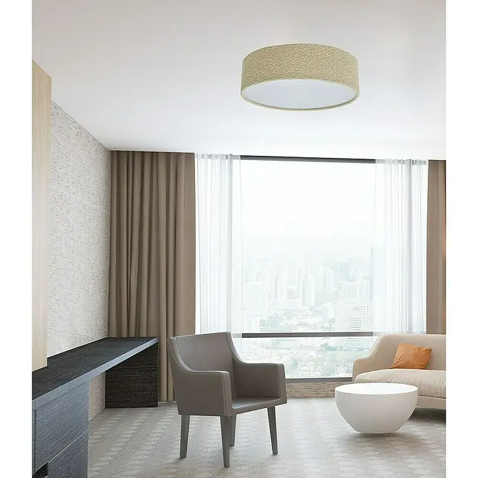 Tween Light Deckenleuchte rund Bouclé-Stoff - Taupe, E27 - Eine moderne Wohnzimmeraufnahme mit einer stilvollen Deckenleuchte, die den Raum erhellt. Möbel und Designelemente harmonieren perfekt.