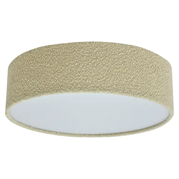 Tween Light Deckenleuchte rund Bouclé-Stoff - Taupe, E27 - Ein heller Lampenschirm mit einer texturierten, beigen Oberfläche und einem weißen Inneren. Das Produktdesign ist modern und vielseitig.