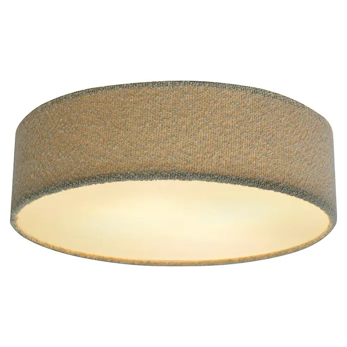 Tween Light Deckenleuchte rund Bouclé-Stoff - Taupe, E27 - Nahaufnahme einer Stoff-Deckenleuchte mit warmem Licht und einer grauen, strukturierter Oberfläche, die Gemütlichkeit und Stil vereint.