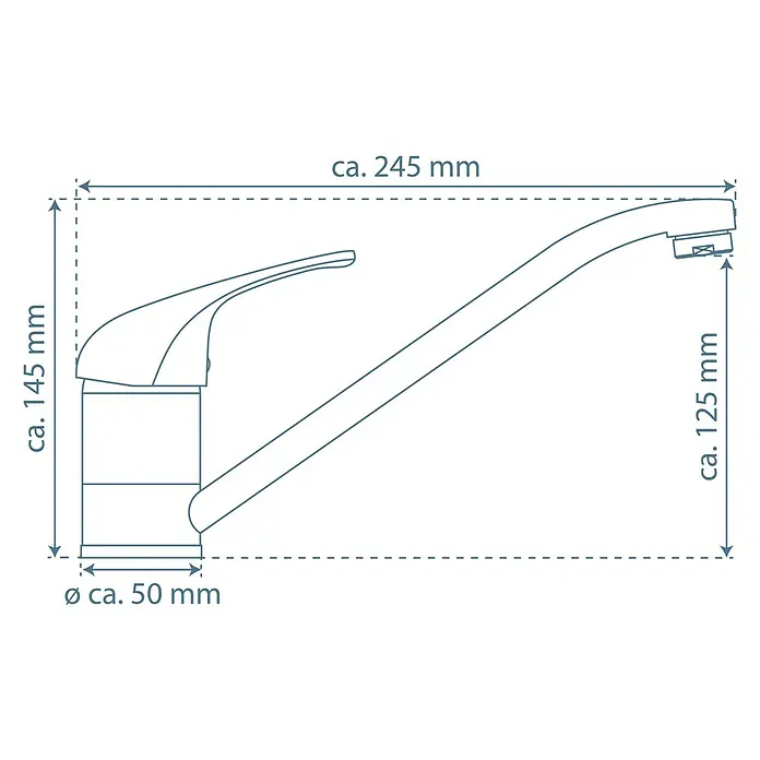 Camargue Spültischarmatur Ultra -  - Abbildung einer Spültischarmatur mit Maßangaben. Die Gesamthöhe beträgt ca. 145 mm, die Ausladung ca. 245 mm und der Durchmesser ca. 50 mm.