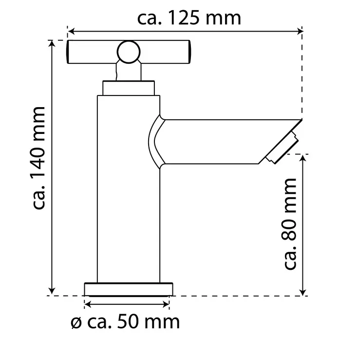 Camargue Kaltwasser-Standventil Alba/Padua - Chrom, Glänzend - Skizze einer Armatur mit Maßangaben zu Höhe, Breite und Durchmesser zur genauen Produktinformation.