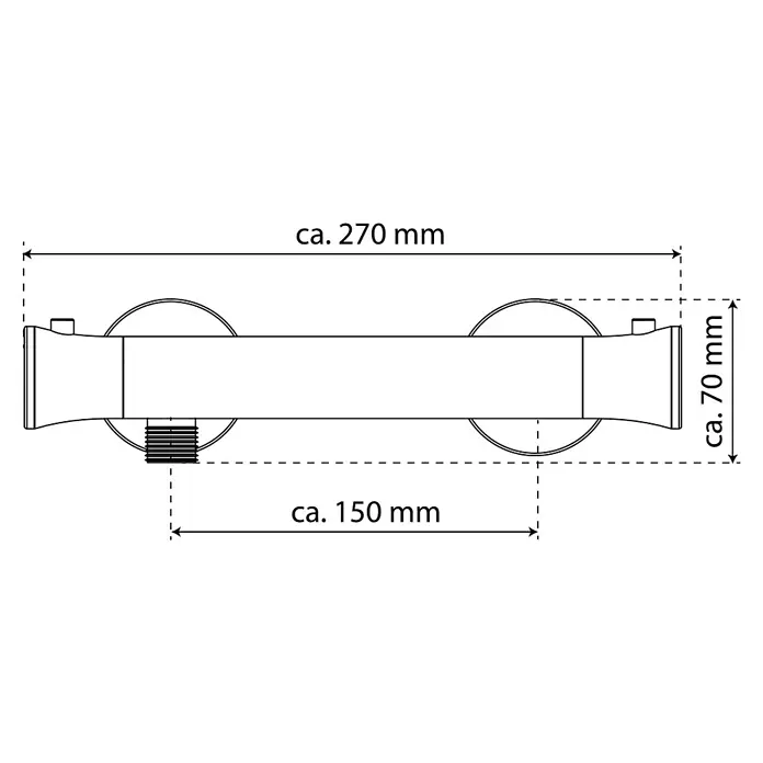 Camargue Brausethermostat Oviedo - Chrom, Glänzend - Technische Zeichnung eines Badaccessoires mit Maßangaben. Das Produkt ist ca. 270 mm lang und 70 mm hoch, mit einem Mittenabstand von 150 mm.