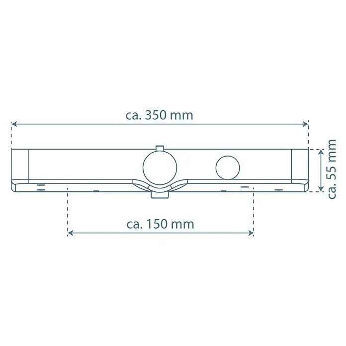 Brause-Thermostatarmatur Ocean - Chrom/Weiß - Detailaufnahme einer technischen Zeichnung mit Maßangaben eines Produktes. Die Länge beträgt ca. 350 mm und die Höhe ca. 55 mm.