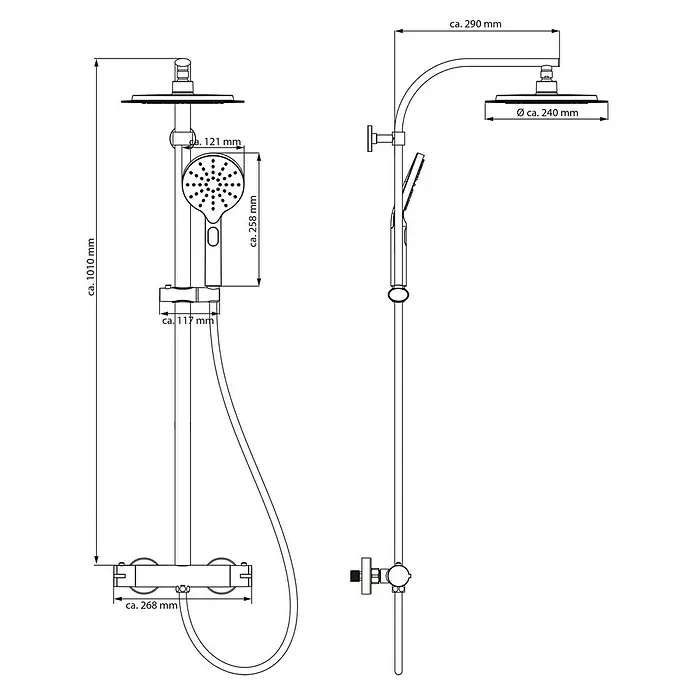 Camargue Duschsystem New York - Mit Thermostatarmatur, Anzahl Strahlarten: 3 Stk., Schwarz - Abbildung einer Duschgarnitur mit Maßangaben für die Installation.