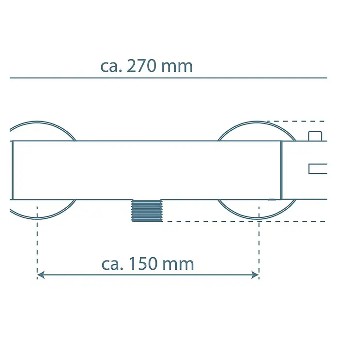 Camargue Zapo Brausethermostat - Schwarz, Matt - Produktübersicht mit Maßangaben: Die Länge beträgt ca. 270 mm, der Achsenabstand ca. 150 mm. Technische Details sind im Bild dargestellt.