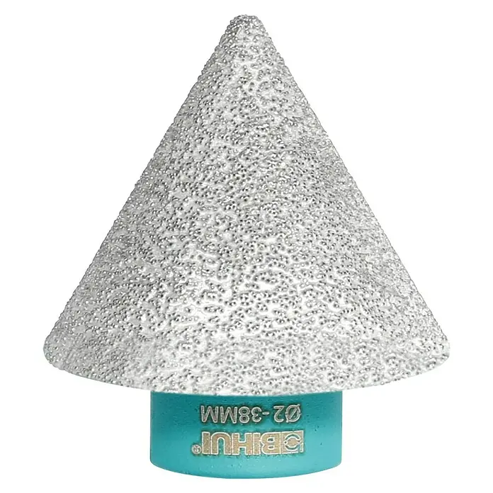 Bihui Hohlbohrkrone DIA-SENKER - Durchmesser: 38 mm, Max. Drehzahl: 11.000 U/min - Silbergrauer konischer Diamant-Schleifkopf mit hellblauem Sockel.