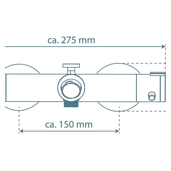 Camargue Zapo Wannenthermostat - Chrom - Abbildung des Durchlauferhitzers mit Maßen. Die Skizze zeigt die Abmessungen für Montage und Installation des Geräts.