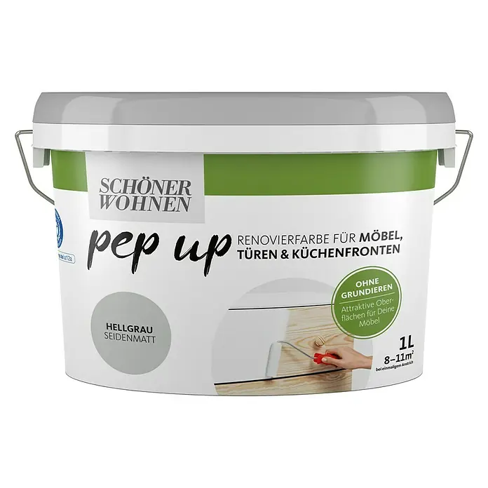 SCHÖNER WOHNEN-Farbe Pep up Weißlack für Möbel, Türen & Küchenfronten - Hellgrau, Seidenmatt, 1 l, Wasserbasiert - Dose Schön Wohnen Pep Up Renovierfarbe Hellgrau Seidenmatt für Möbel, Türen & Küchenfronten, 1L, deckt 8-11m² bei einmaligem Anstrich.