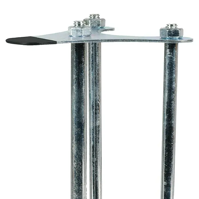 Bihui Fliesenheber TAS25 - Tragkraft: 160 kg, 2 Stk. - Nahaufnahme von drei glänzenden Metallstangen, gehalten von einer silbernen Metallhalterung mit Befestigungen, mit einer schwarzen Spitze.
