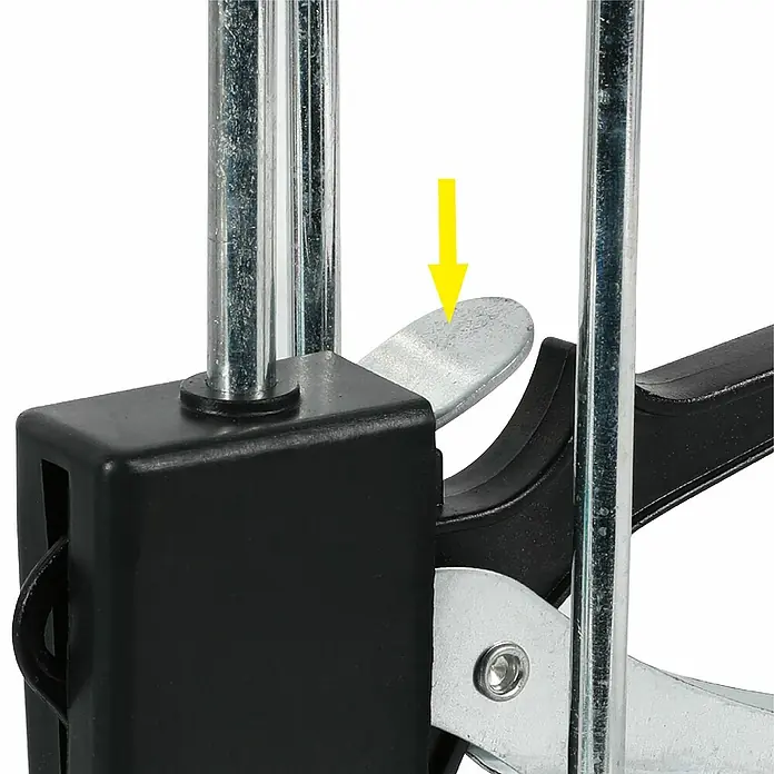 Bihui Fliesenheber TAS25 - Tragkraft: 160 kg, 2 Stk. - Nahaufnahme einer silbernen Metallstange, eines schwarzen Kunststoffgehäuses und eines markierten silbernen Hebels zur Verstellung.