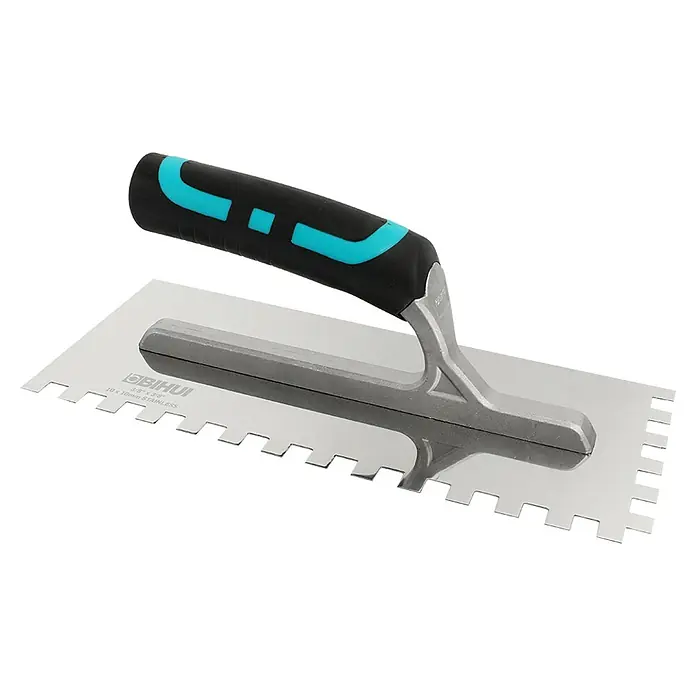 Bihui Glättkelle PTSB10 - Zahnung: 10 x 10 mm, B x L: 120 x 280 mm - Edelstahl-Zahnspachtel mit schwarzem und türkisfarbenem ergonomischem Griff für Fliesenkleber.