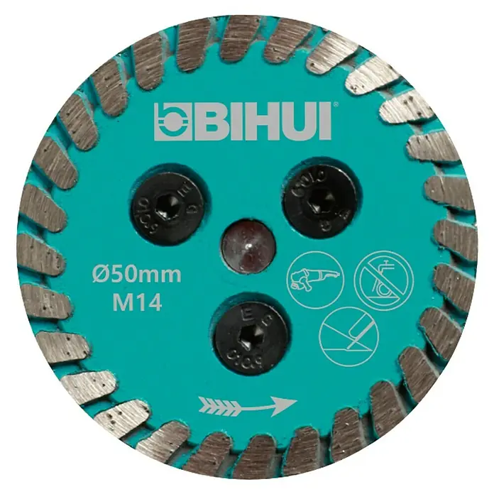 Bihui Diamant-Trennscheibe DCW50 - Durchmesser: 50 mm, M 14 - Türkise BIHUI Diamanttrennscheibe, Ø50mm, M14 Aufnahme, mit gezackten Kanten für Trockenschnitt.