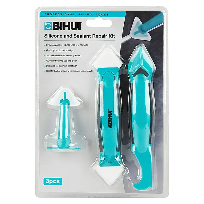 Bihui Fugenglätter-Set REP&FINISH - 3 -tlg. - Hellblau-weißes 3-teiliges Silikon- und Dichtungsreparatur-Set in Klarsichtverpackung. Enthält Werkzeuge zum Auftragen und Entfernen.
