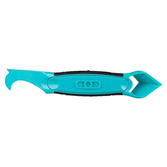 Bihui Fugenglätter-Set REP&FINISH - 3 -tlg. - Hellblaues Kunststoff-Multitool mit schwarzem Griff. Es hat einen gebogenen Haken an einem Ende und einen flachen Schaber/Keil am anderen.