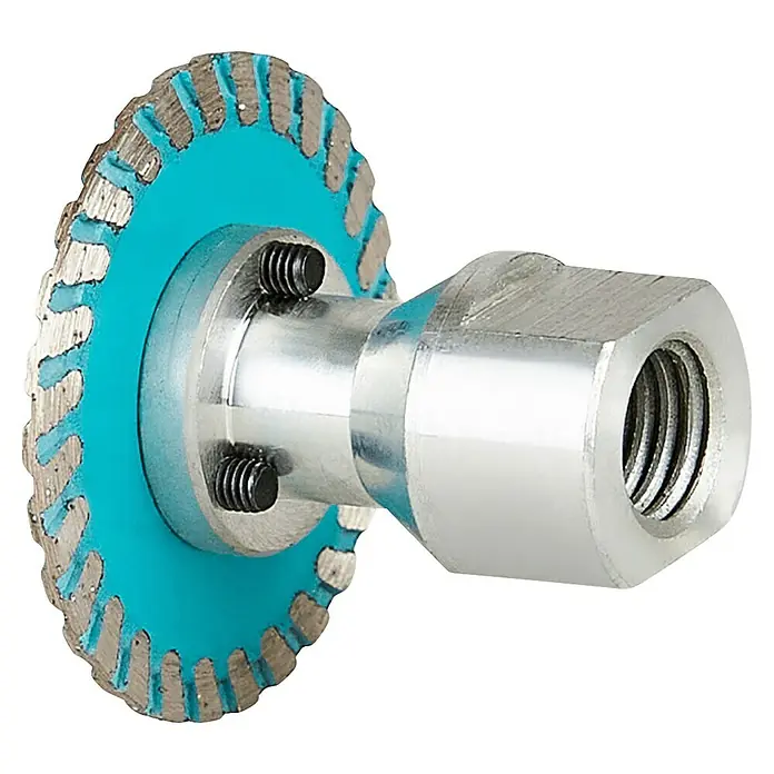 Bihui Diamant-Trennscheibe DCW50 - Durchmesser: 50 mm, M 14 - Blaue Diamant-Trennscheibenbaugruppe mit silbernen Segmenten und einer Gewindemetallwelle.
