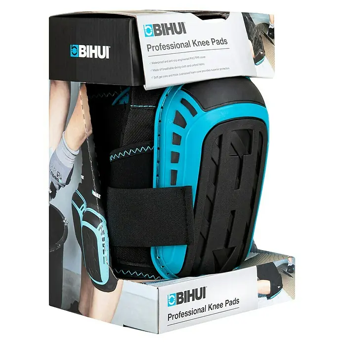 Bihui Knieschoner TPR - Schwarz, 2 Stk. - Schwarze und blaue BIHUI Profi-Knieschoner in ihrer Verpackung, mit Produktmerkmalen und Branding.