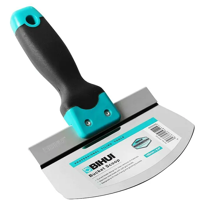 Bihui Eimerkelle PTK165 - Länge: 165 mm - Edelstahleimerkelle mit schwarzem und türkisfarbenem ergonomischem Griff, zum Fliesenlegen, Mischen und Verfugen.