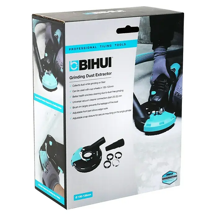 Bihui Staubabsaugung DCWDE - Passend für: Schleifteller mit Ø 115–125 mm - Schwarzer und türkiser BIHUI Schleifstaubabsauger auf seiner Produktverpackung, ein Aufsatz für Winkelschleifer zur Staubabsaugung.