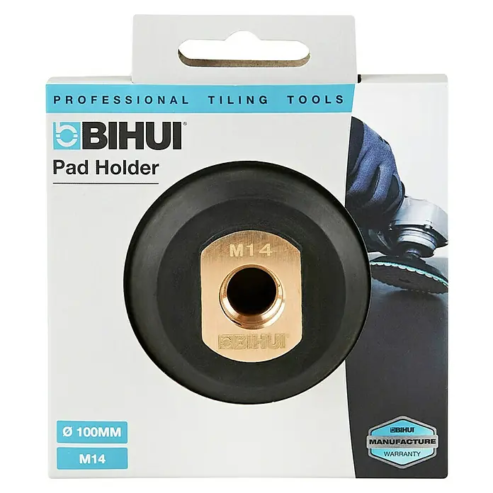 Bihui Gummischleifteller DPPH4 - Durchmesser: 100 mm - Schwarzer 100mm Padhalter mit goldener M14 Gewindeaufnahme für professionelle Fliesenwerkzeuge.