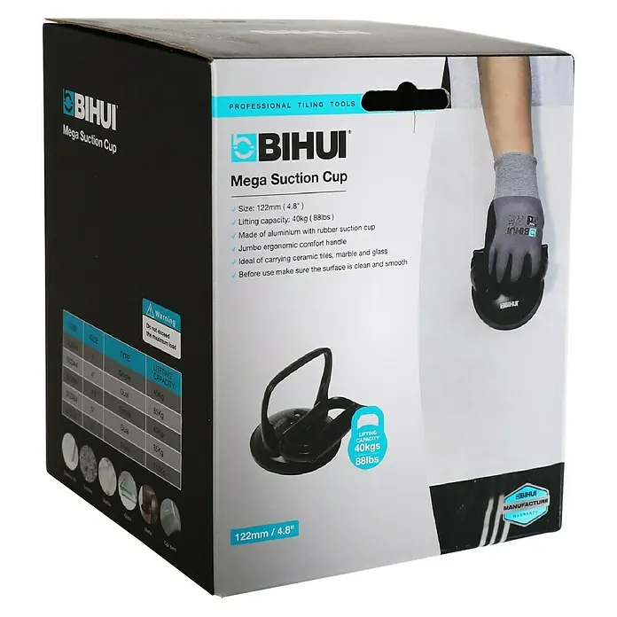 Bihui Saugheber SCSB4 - Tragkraft: 40 kg - Schwarz-weiße Verpackung für BIHUI Mega Saugnapf, die das schwarze Aluminiumwerkzeug und 40kg Tragkraft hervorhebt.