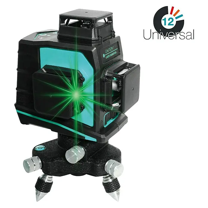 Bihui Linienlaser LLG12 - Max. Arbeitsbereich: 45 m, Akkuspannung: 3,7 V - Ein schwarzes und türkisfarbenes Lasernivelliergerät sendet einen grünen Strahl aus, auf einem schwarzen Stativ.