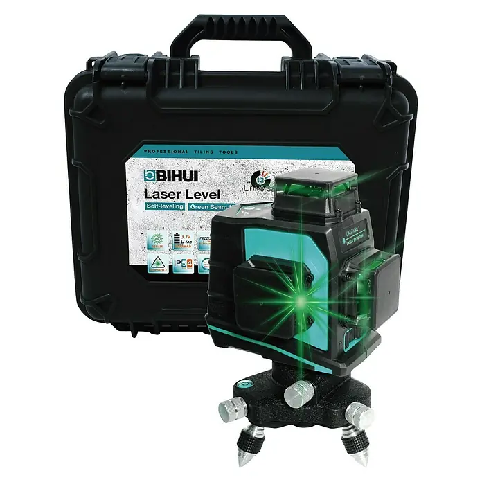 Bihui Linienlaser LLG12 - Max. Arbeitsbereich: 45 m, Akkuspannung: 3,7 V - BIHUI selbstnivellierender grüner Laser mit Stativ, grüne Strahlen aussendend, neben schwarzem Hartschalenkoffer.