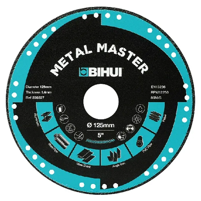 Bihui Diamant-Schleifteller DSBC125 - Geeignet für: Aluminium, Durchmesser: 125 mm - Schwarze und blaue BIHUI METAL MASTER 125mm Trennscheibe, 1,4mm dick, zum Schneiden von Metall, PVC und anderen Materialien.