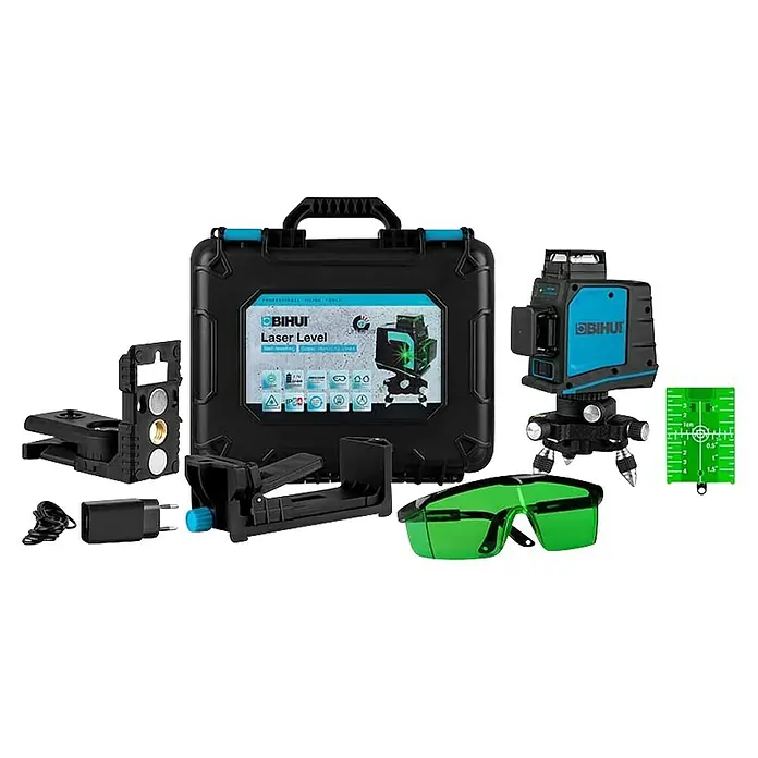Bihui Linienlaser LLG12 - Max. Arbeitsbereich: 45 m, Akkuspannung: 3,7 V - Ein umfassendes BIHUI Laser-Wasserwaagen-Kit mit blau-schwarzem Laser, Hartschalenkoffer, grüner Schutzbrille, Ladegerät und Montagezubehör.