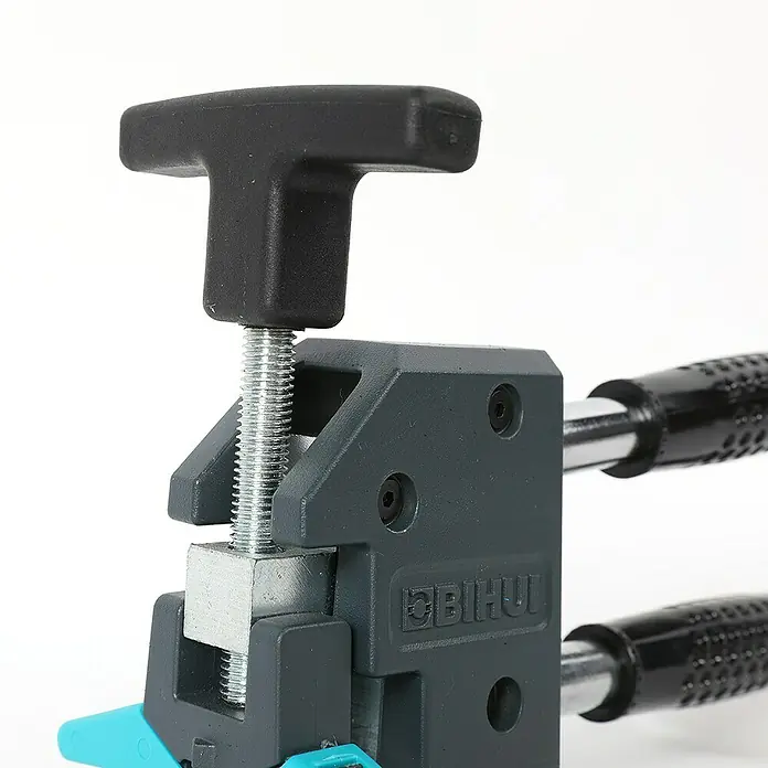 Bihui Fliesenschneid-Brechzange LFTBH - Kunststoff, Passend für: Fliesenstärke von 15mm - Dunkelgraue Klemmvorrichtung mit schwarzem T-Griff, Gewindestange und Metallblock zum präzisen Klemmen.