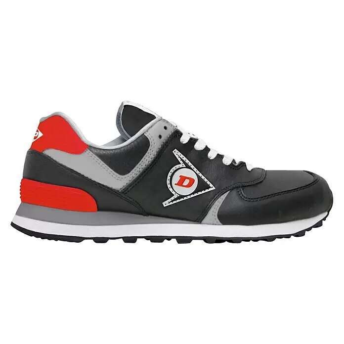 Dunlop Zapato bajo de seguridad Flying Wing - 46, Negro - Zapatillas Dunlop negras, grises y rojas con cordones y suela blancos, vista lateral.