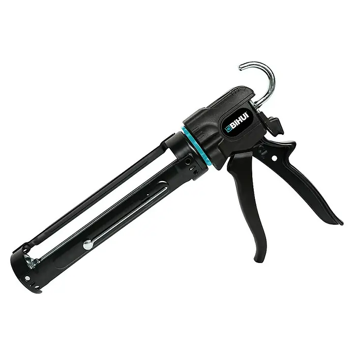 Bihui Kartuschenpistole TCG310 - Stahl, Passend für: 310ml Kartuschen - Schwarze Kartuschenpistole mit hellblauem Ring und Metallhaken zum Auftragen von Dichtstoffen oder Klebstoffen.