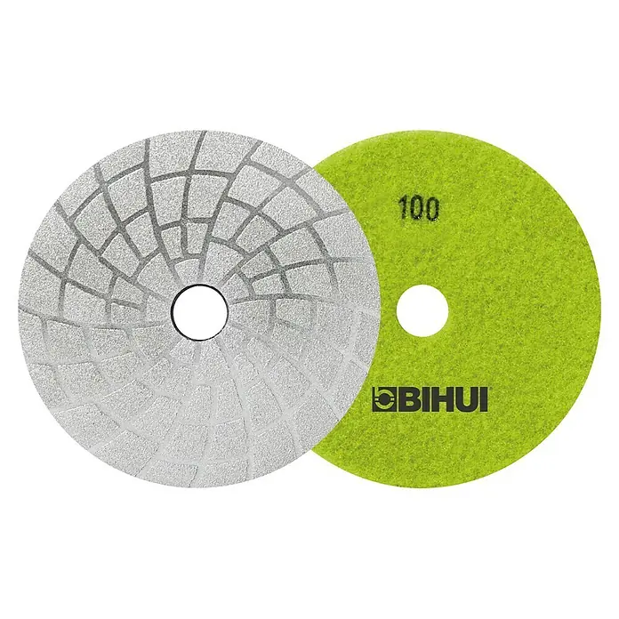 Bihui Diamant-Schleifteller DPV410 - Körnung: 100, Geeignet für: Keramik - Zwei Polierpads: eines grau mit gemusterter Oberfläche, eines lindgrün mit '100' und 'BIHUI' Schriftzug.